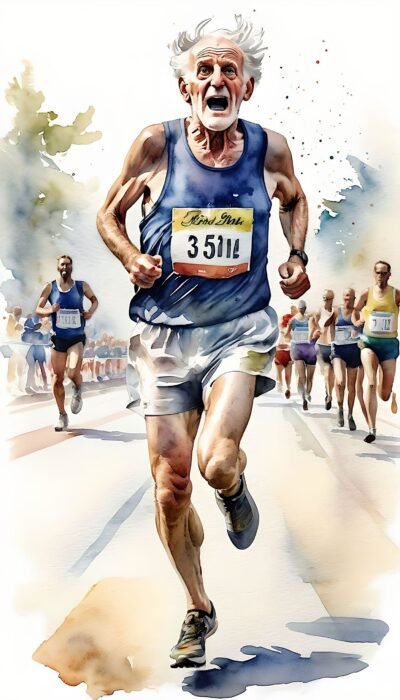 Runners on a track with old man
